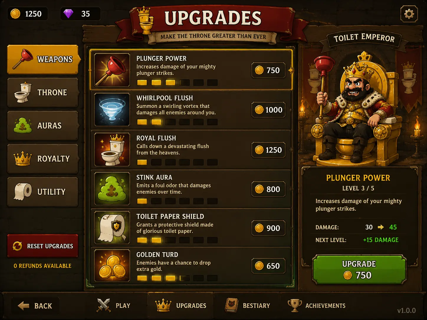 Toilet Emperor upgrade screen
